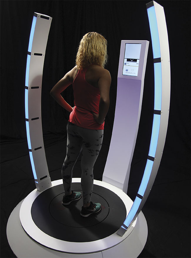 The Athlete-Avatar system uses point-cloud data and a library of high-fidelity avatars to analyze how athletes move in 3D space, providing accurate computational monitoring of air and fluid motion. Inside the AVA kiosk, a 3D scan is performed in minutes. The kiosk comprises 3D sensors that use stereo infrared cameras, as well as an RGB camera, a multicore processor, and 6-axis inertial measurement units. Courtesy of Falcon Pursuit.