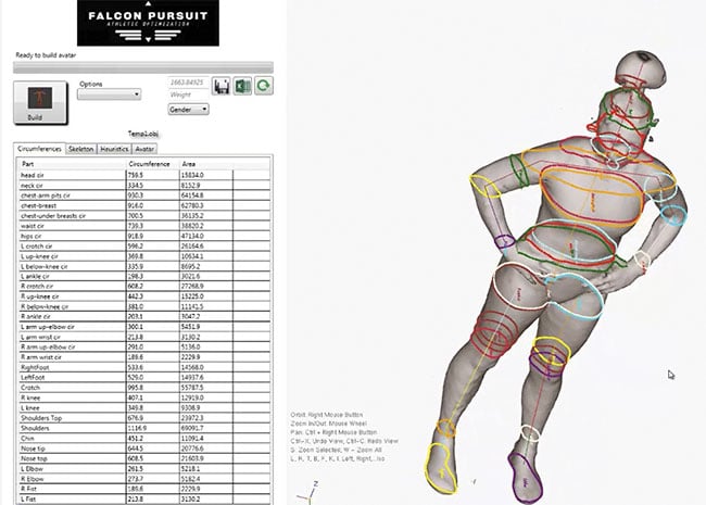 Falcon Pursuit’s 3D simulation software interface. After completion of a 3D scan, the system operator selects a fully rigged base avatar, along with a full structure of muscles and bones from the software library. The Athlete-Avatar platform combines 3D simulation software and AI to produce full-body, 3D avatars that deliver feedback to inform users of dynamic motion. Courtesy of Falcon Pursuit.