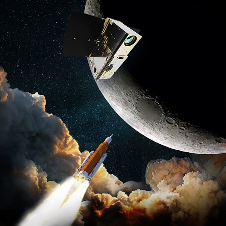 With a mass of 11 kg, LunIR includes two deployable solar panels, three star trackers, three reaction wheels, and the imaging payload and micro-cryocooler from Lockheed Martin. Terran Orbital will guide the spacecraft via a special configuration of the third star tracker, used as a “moon camera” with commands generated from a novel Lockheed Martin algorithm. LunIR is flying by the Moon and collecting surface thermography as a secondary payload on NASA's Artemis 1 mission. Courtesy of Terran Orbital.