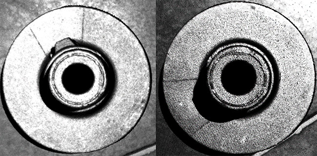 Figure 3. An example of 3D dropout due to occlusion. The parts are identical, but the point cloud on the right does not show the feature on the hub because the 3D data could not be produced due to shadowing. Courtesy of David L. Dechow.