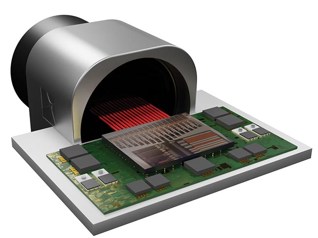 Integrated photonics can make sophisticated frequency-modulated continuous-wave (FMCW) coherent lidar more compact and power-efficient, as illustrated by a lidar engine developed by Scantinel Photonics (top). The engine is driven by a solid-state PIC scanner (bottom). Courtesy of Scantinel Photonics.
