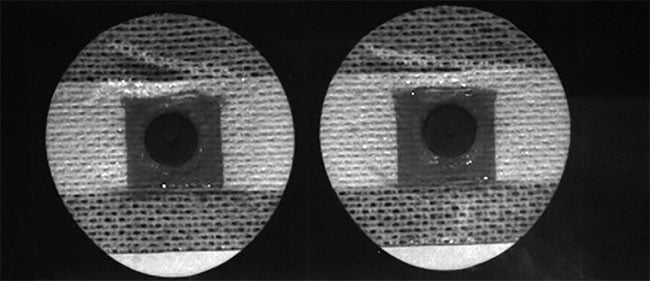 Figure 2. The adhesive on an EKG patch cannot be seen easily with the naked eye or under visible imaging (top). A Bi1450 1450-nm SWIR filter makes the adhesive visible (bottom). Courtesy of Midwest Optical Systems.