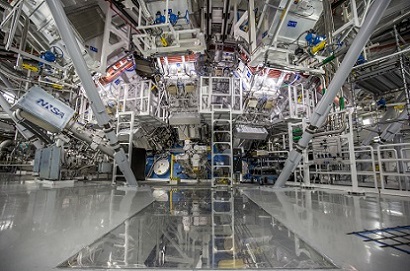 The target chamber of LLNL’s National Ignition Facility, where 192 laser beams delivered more than 2 million joules of ultraviolet energy to a tiny fuel pellet to create fusion ignition on Dec. 5, 2022. Courtesy of LLNL.