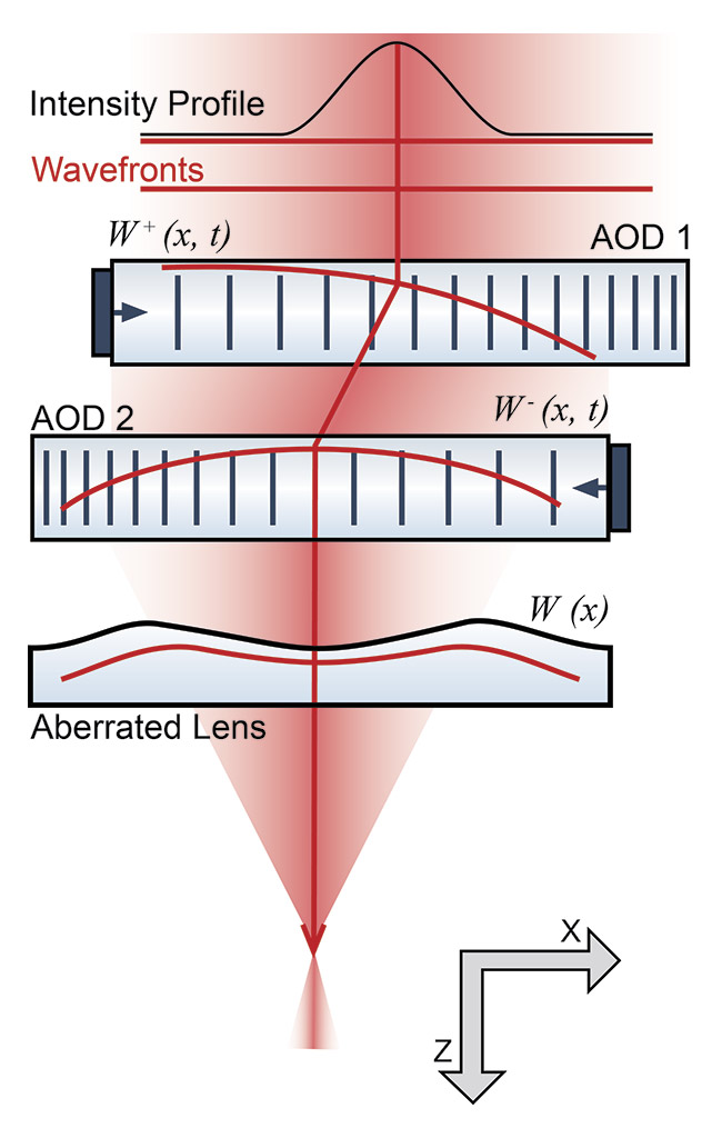 Figure 6. Two acousto-optic detectors (AODs) are combined to act as a single-axis (cylindrical lens) via counter-propagating chirped radio-frequency waveforms. Four can then act as a spherical lens. Courtesy of Angus Silver Lab/UC London.