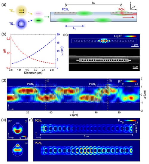 These simulation images show how the light interference pattern interacts with the nanolaser arrays. (a) Schematic of spatial interference between TE00 and TE01 modes along the microfiber. Here, two photonic crystal nanobeam lasers (PCN1 and PCN2) are attached to the surface of the microfiber in a line. (b) Difference in effective refractive index (?n) of TE00 and TE01 modes and corresponding half beat length (Lp), (c) Log |E|2 profile of PCN cavity mode in the xy-plane and SEM image of fabricated InGaAsP PCN laser. (d, e) |E|2 profiles of the pump beam in the xz- and yz-planes, respectively, where the beam propagates from left to right. (f) Absorbed power density profiles along the xy-plane at the vertical center of PCNs. Courtesy of Korea University.