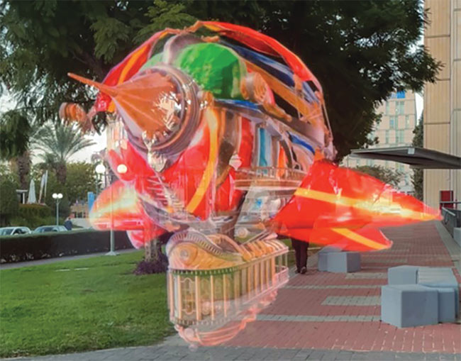 Light-efficient reflective waveguides can produce high-quality AR images, such as a virtual airship, even in broad daylight. Courtesy of Lumus.