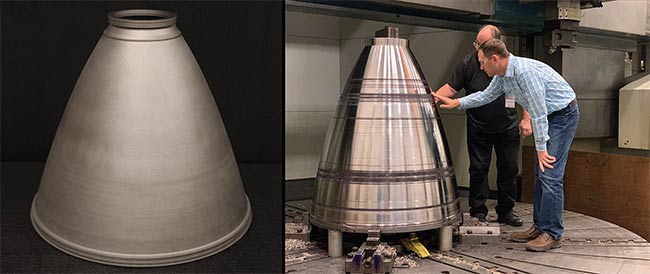 NASA’s Rapid Analysis and Manufacturing Propulsion Technology (RAMPT) project uses a powder-blown laser DED process to make one of the largest rocket nozzles ever printed by the agency. Courtesy of NASA.