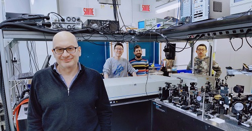 Scientists who participated in the research on metal-wire waveguides for broadband terahertz signal processing and multiplexing, from left to right: Roberto Morandotti, Junliang Dong, Giacomo Balistreri, and Pei You. The team envisions that its proposed platform can be applied for multi-channel transmission of uncompressed ultra-high-definition videos, and ultrahigh-speed short-distance data transfer between THz network elements. Courtesy of Robin Helsten.