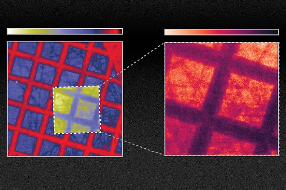Researchers at MIT have shown how one could improve the efficiency of scintillators by at least tenfold by changing the material’s surface. This image shows a TEM grid on scotch tape, with the right side showing the scene after it is corrected. Courtesy of MIT.