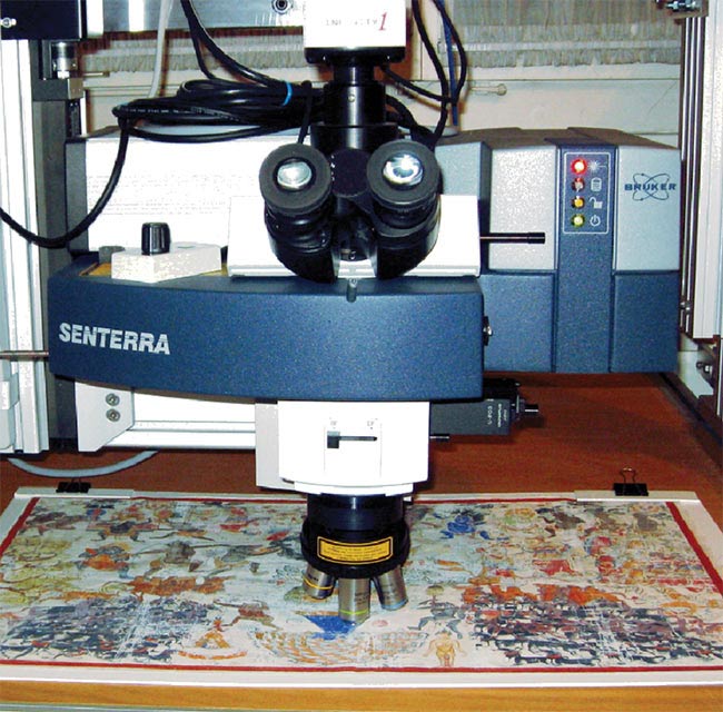 A Raman microscope is mounted on a z stage to enable it to analyze larger works of art. Raman spectroscopy’s ability to nondestructively analyze the chemical composition of materials has helped expand its use for confirming the legitimacy of artwork. Courtesy of Bruker.