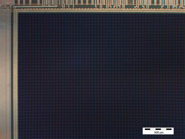 A 512 × 512 single-photon avalanche diode (SPAD) image sensor (top) and a closer look at the surface of the same (bottom). Courtesy of Pi Imaging Technology.