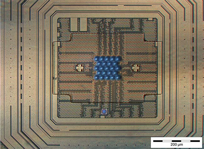 Figure 3. A compact SPAD microarray chip with 23 pixels (top), and a system implementation for image-scanning microscopy applications (bottom). Courtesy of Pi Imaging Technology.