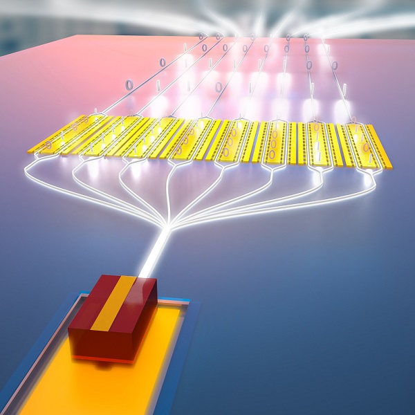 The on-chip laser is combined with a 50 gigahertz electro-optic modulator in lithium niobate to build a high-power transmitter. Courtesy of Second Bay Studios, Harvard SEAS.