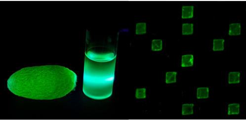 Silkworms can produce edible, fluorescent silk cocoons (left side of left image). The proteins from the cocoons can be used in edible codes (right) to verify the authenticity of medications. Courtesy of ACS Central Science 2022, DOI: 10.1021/acscentsci.1c01233.