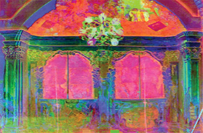 Figure 1. A conventional image of a Baroque hereditary burial site located at St. Mary’s Church in Frankfurt an der Oder, Germany (top). In the false color representation of the principal component analysis (PCA), the results show the high spectral variance of the stucco ornaments (middle). The calcite distribution map displays an absorption feature at about 2320 to 2340 nm (bottom). The carbonate absorption feature was calculated over a larger spectral range because lime stucco may contain gypsum, aggregates, or other binders, in addition to carbonate components, which can all cause a shift in absorption feature position. Courtesy of Norsk Elektro Optikk AS.