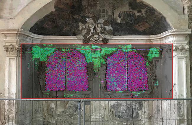 Figure 1. A conventional image of a Baroque hereditary burial site located at St. Mary’s Church in Frankfurt an der Oder, Germany (top). In the false color representation of the principal component analysis (PCA), the results show the high spectral variance of the stucco ornaments (middle). The calcite distribution map displays an absorption feature at about 2320 to 2340 nm (bottom). The carbonate absorption feature was calculated over a larger spectral range because lime stucco may contain gypsum, aggregates, or other binders, in addition to carbonate components, which can all cause a shift in absorption feature position. Courtesy of Norsk Elektro Optikk AS.