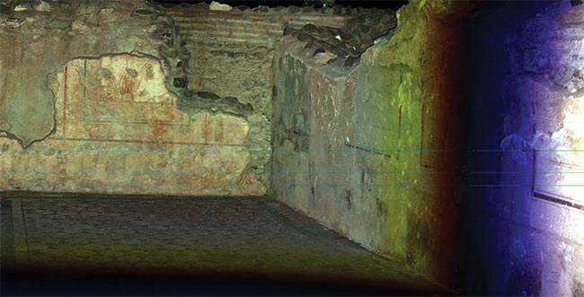 Figure 3. A photogrammetric 3D model of a public space from the imperial period in the ancient Latin city of Gabbii on the outskirts of Rome. The model shows high-resolution detail of the mosaic floor (top), collected using a prototype of a red, green, blue imaging topological radar (RGB-ITR) laser scanner (bottom) developed by the Italian National Agency for New Technologies, Energy and Sustainable Economic Development (ENEA). Courtesy of ENEA.