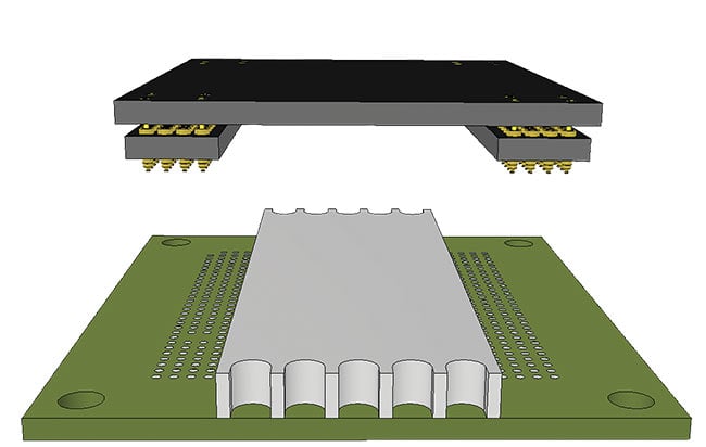 Using a rigid ‘carrier’ provides fast, accurate loading of individual pins or separate socket sections while bypassing a heat sink or other components already mounted on the printed circuit board.