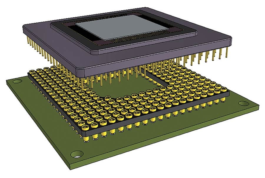 The relatively high value of larger image sensors in PGA (pin grid array) or µPGA packages, as well as the ability to surface-mount these thru-hole packages, makes the use of sockets a compelling value proposition. Courtesy of Andon Electronics Corp.