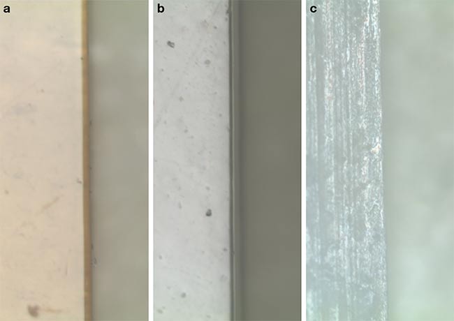 Figure 4. Polyimide (PI) (a) and PET (b) films of 75-µm thickness, and Teflon (c) of 110-µm thickness, all cut with a high-power UV femtosecond laser. Courtesy of MKS Instruments.