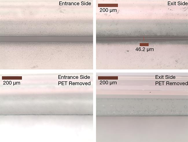 Figure 5. OLED film cut at 133-mm/s effective speed with a UV femtosecond laser at 2-MHz repetition rate. Courtesy of MKS Instruments.