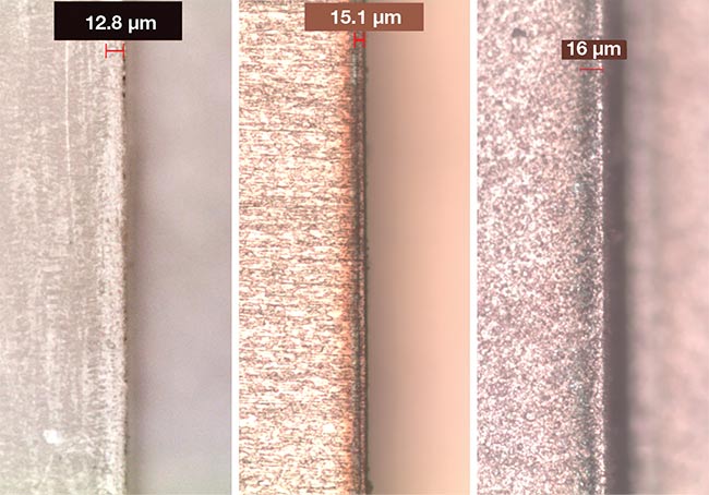 Figure 7. Microscope images of 50-µm-thick bare liquid crystal polymer (LCP) film (left), a copper (Cu)-LCP-Cu stack of 9-50-9-µm thickness (middle), and a Cu-PI-Cu stack of 12-25-12-µm thickness (right) — all cut with a UV femtosecond laser. Courtesy of MKS Instruments.