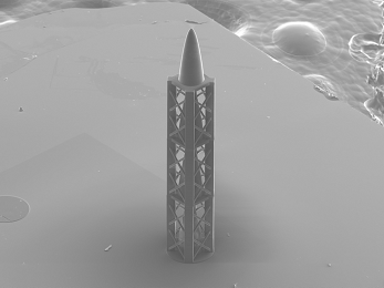 A microstructure created by a 3D printer: the innovative refractive structure developed by PSI scientists and which combined with a diffractive element, results in an achromatic X-ray lens, is almost a millimetre long (or high, as shown in the photo). Turned on its end, it resembles a miniature rocket. It was created by a 3D printer using a special type of polymer. This image of the structure was captured using a scanning electron microscope. Courtesy of PSI/Umut Sanli.