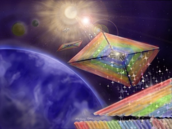 Diffractive solar sails, depicted in this conceptual illustration, could enable missions to hard-to-reach places, like orbits over the Sun’s poles. Courtesy of MacKenzi Martin.