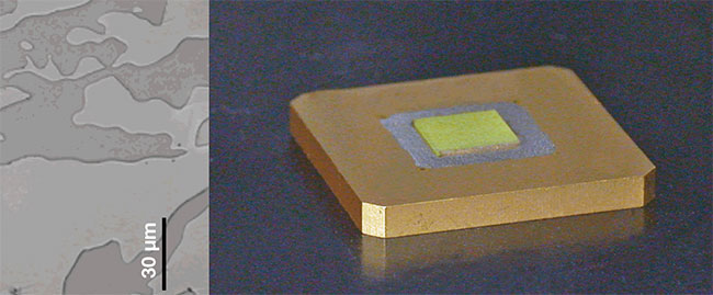 Figure 2. An alumina-YAG:Ce composite single crystal mounted on an aluminum heat sink (near left). A micrograph of the composite phosphor (far left), showing YAG:Ce regions (light gray) interspersed with alumina regions (darker gray). Courtesy of Oxide Corp..