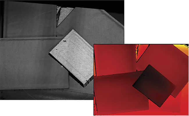 Figure 1. A grayscale contrast (2D) image (left) and its related 3D point cloud (below). Courtesy of David L. Dechow.