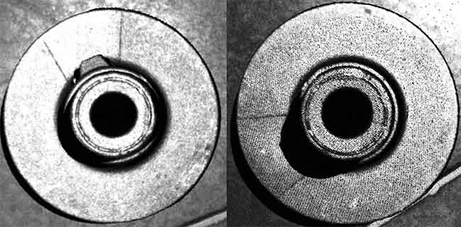 Figure 3. An example of 3D dropout due to occlusion. The parts are identical, but the point cloud on the right does not show the feature on the hub because the 3D data could not be produced due to shadowing. Courtesy of David L. Dechow.
