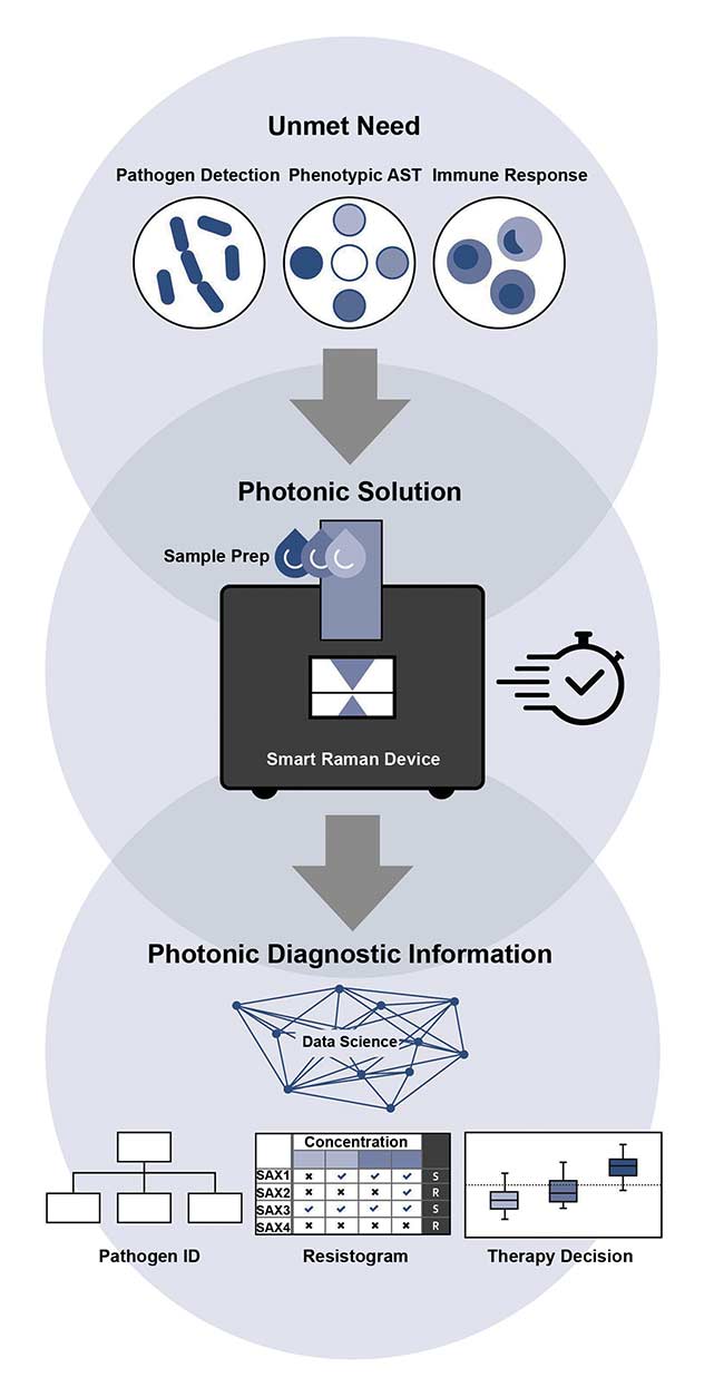 Figure 1. A schematic representation of cell-based Raman assays for infection diagnostics. AST: antimicrobial susceptibility testing. Courtesy of Leibniz Institute of Photonic Technology.