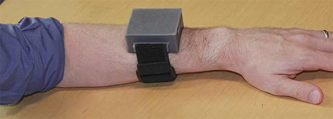 Figure 2. Worn like a wristwatch, the Wellman Center device measures how various muscles are performing in the body. Courtesy of Conor Evans.
