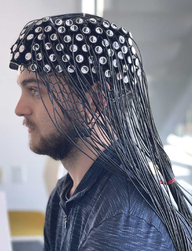 A cap equipped with numerous optodes uses functional near-infrared spectroscopy to measure brain activity. Courtesy of Boston University.