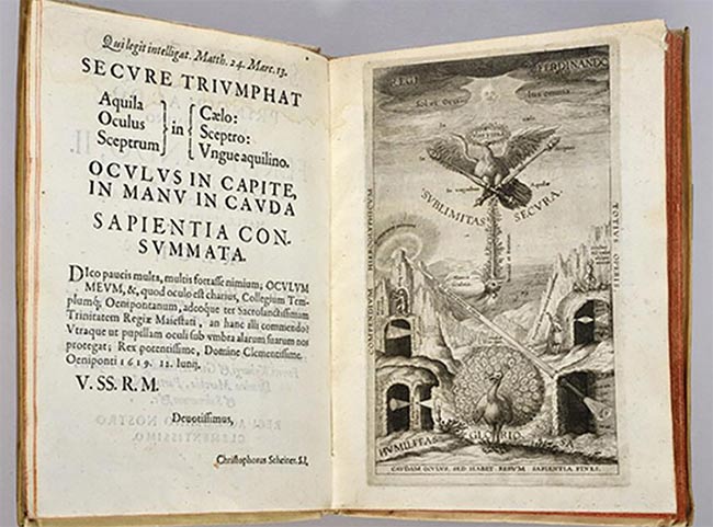 One of the books in the vast collection at Cornell University was Oculus, written by Christoph Scheiner and published in 1619. Optical imaging helped curators determine that their copy had been stolen from the National Library of Sweden; it was later returned. Courtesy of Headwall Photonics/Cornell University.