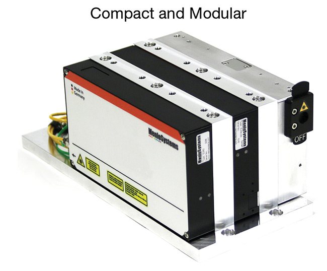 Figure 3. Exemplary performance of an industrial-grade femtosecond fiber laser platform (top) with beam quality (middle) and output power stability under temperature cycling across a range of >40 °C (bottom). Courtesy of Menlo Systems.