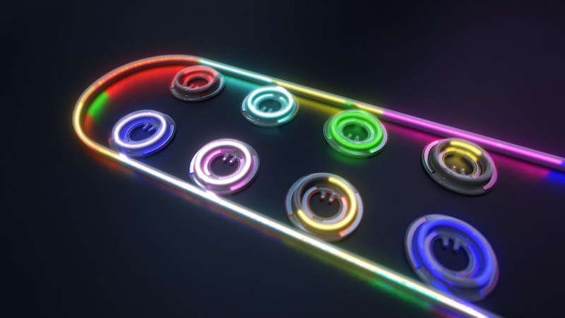 Illustration showing eight micro-ring modulators and optical waveguide. Each micro-ring modulator is tuned to a specific wavelength of light. Using multiple wavelengths enables each micro-ring to individually modulate the light to enable independent communication. Courtesy of Intel. 