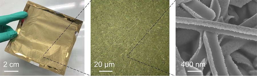 The gold nanomesh at different magnifications. The individual fibers are around one-five-hundredth the thickness of human hair. Courtesy of the University of Tokyo.