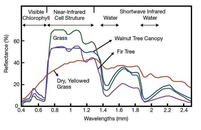 Figure 3. Materials absorb and reflect solar radiation to varying degrees at different wavelengths, creating identifying spectral reflectance signatures. Remote sensing systems need optimized optical filters to extract specific wavebands for analysis. Courtesy of Chroma Technology.