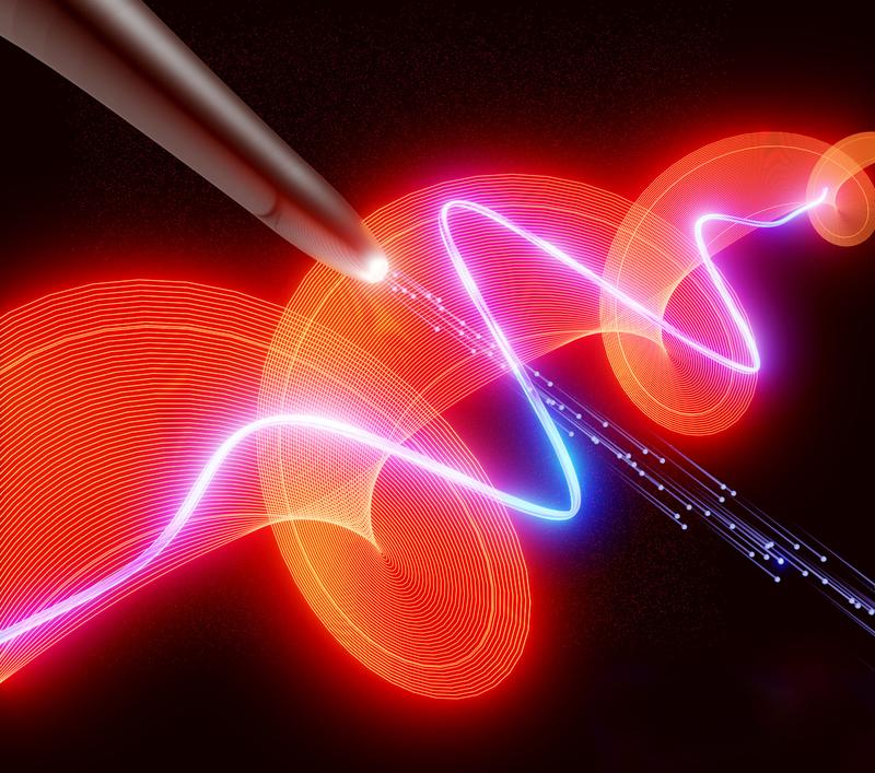 A nanometric needle tip interacting with a few-cycle femtosecond laser pulse and a near-petahertz vortex field. The femtosecond pulse induces an ultrashort current of electrons that escape from the tip. The vortex field is probed by measuring the change in the electron current it induces. The localized field enhancement at the tip of the needle facilitates the spatial resolution of the helicoid wave front of the vortex field within the laser focus. Courtesy of RMT.Bergues.