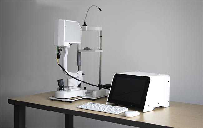 The OQ EyeScope 1.0 /X, a tabletop clinical OCT system, is currently awaiting FDA approval for clinical use. Courtesy of Lumedica Vision Inc.