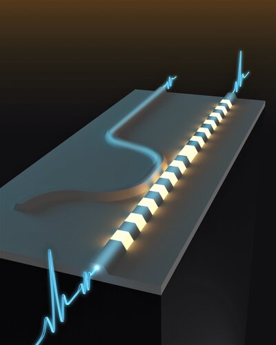 An artist's illustration of an optical switch, splitting light pulses based on their energies. Courtesy of Caltech.