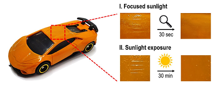 Self-healed surface of a model car after scratching when exposed to focused sunlight with a magnifying glass (top) or to direct sunlight. Courtesy of Korea Research Institute of Chemical Technology (KRICT).