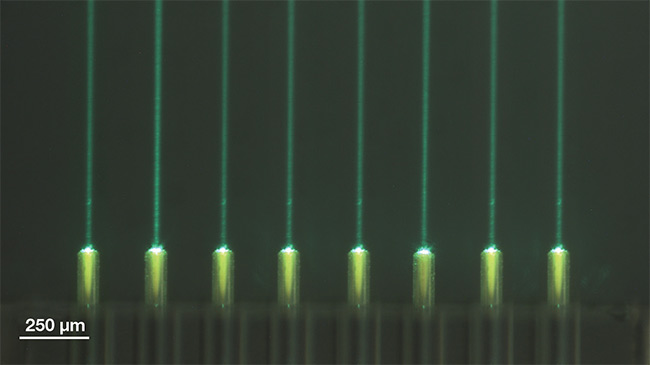 A lensed fiber array, 3D-printed using Nanoscribe’s 2PP technology, collimates green light into parallel beams. A sample from the research project MiLiQuant. Courtesy of Nanoscribe.