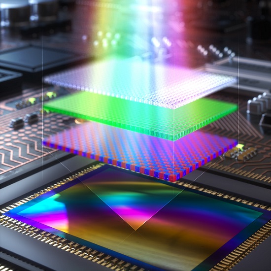 Conceptual image of an organic-silicon hybrid RGB imaging sensor based on a newly-developed green light absorbing transparent organic photodetector. Courtesy of Sungjun Park, Ajou University