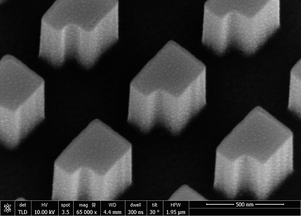 Scanning electron micrograph of one metasurface tested in this work. Courtesy of Tomas Santiago-Cruz, Max Planck Institute for the Science of Light.