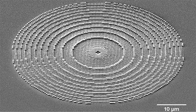 A metalens with features down to 100 nm. Developed as part of the EU-funded PHENOmenon project, grant agreement No. 780278. Courtesy of Multiphoton Optics.