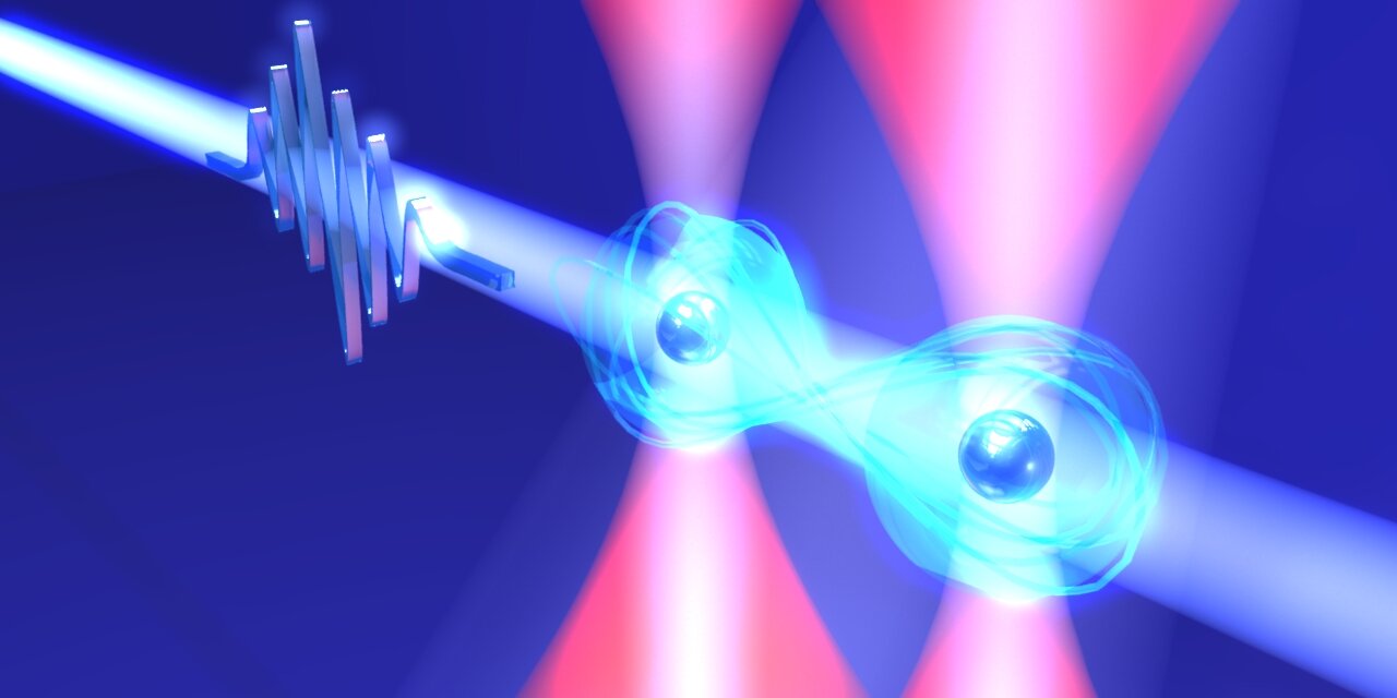 Conceptual diagram of the two-qubit gate. In the system, two atoms captured in optical tweezers (pink light), with a separation of 1 µm, are manipulated by a ultrafast laser pulse (blue light) shone for only 10 picoseconds. The two-qubit gate overcomes a fundamental bottleneck in cold-atom quantum computing, and aims to support the development of a quantum computer hardware that breaks through the limitations of the superconducting and trapped-ion types currently in development. Courtesy of Takafumi Tomita (IMS).