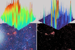 Background noise (left) obscures the presence of TB membrane components in blood. At right, AI has removed noise, confirming diagnosis. A multi-institutional research team has applied an AI algorithm to optical nanotechnology to develop a technique for the diagnosis of TB in children. Courtesy of Wenshu Zheng.