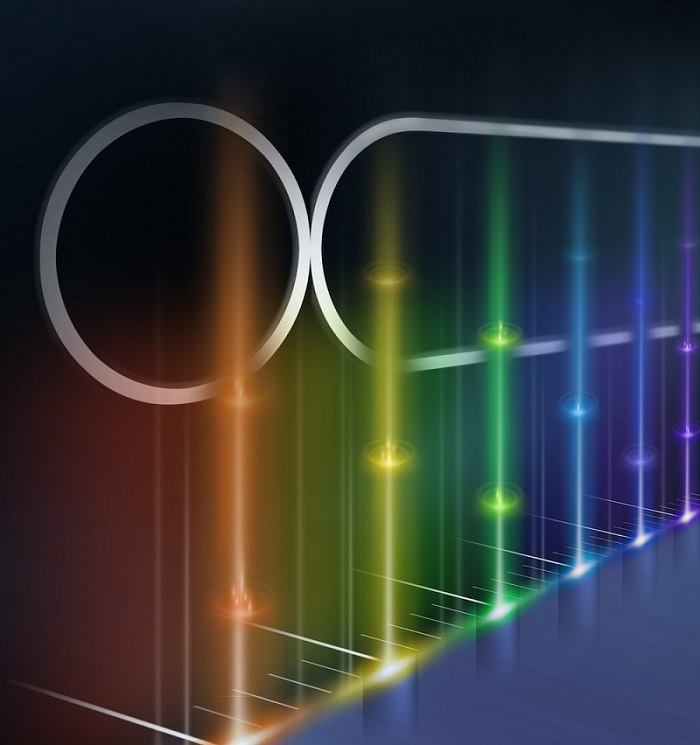 A new on-chip frequency comb combines a coupled resonator with an electro-optical frequency comb to improve the efficiency of frequency combs and improve the bandwidth. Courtesy of Yiqing Pei/Harvard SEAS.